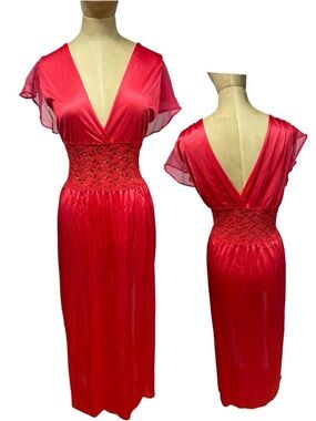 Satin Lace Peignoir Nightgown Red Dress 2X Romantic Maxi Nylon Sultry Vamp VTG